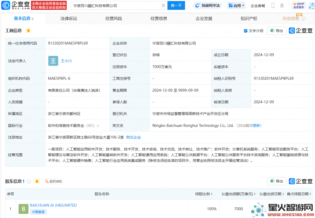 王小川在宁波成立新科技公司，全面布局多个人工智能相关领域